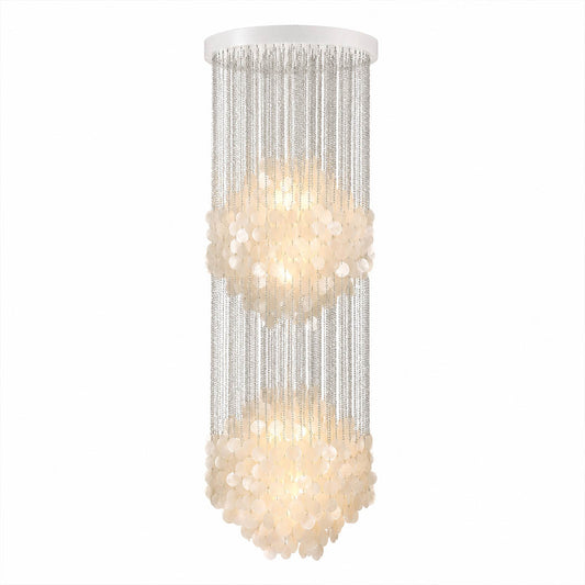 Coralia FUN tall style staircase shell chandelier 5DM 24 inch diameter 76 inch height 6 foot Mid Century designer Capiz shell tribute narrow vertical waterfall white background