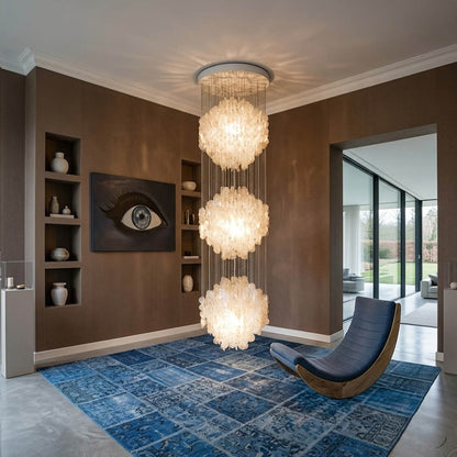 Coralia 3DM FUN tall style staircase shell chandelier two story staircase 9 5 feet tall spiral mansion oceanfront grand entrance vertical statement Mid Century designer warm glow lifestyle interior