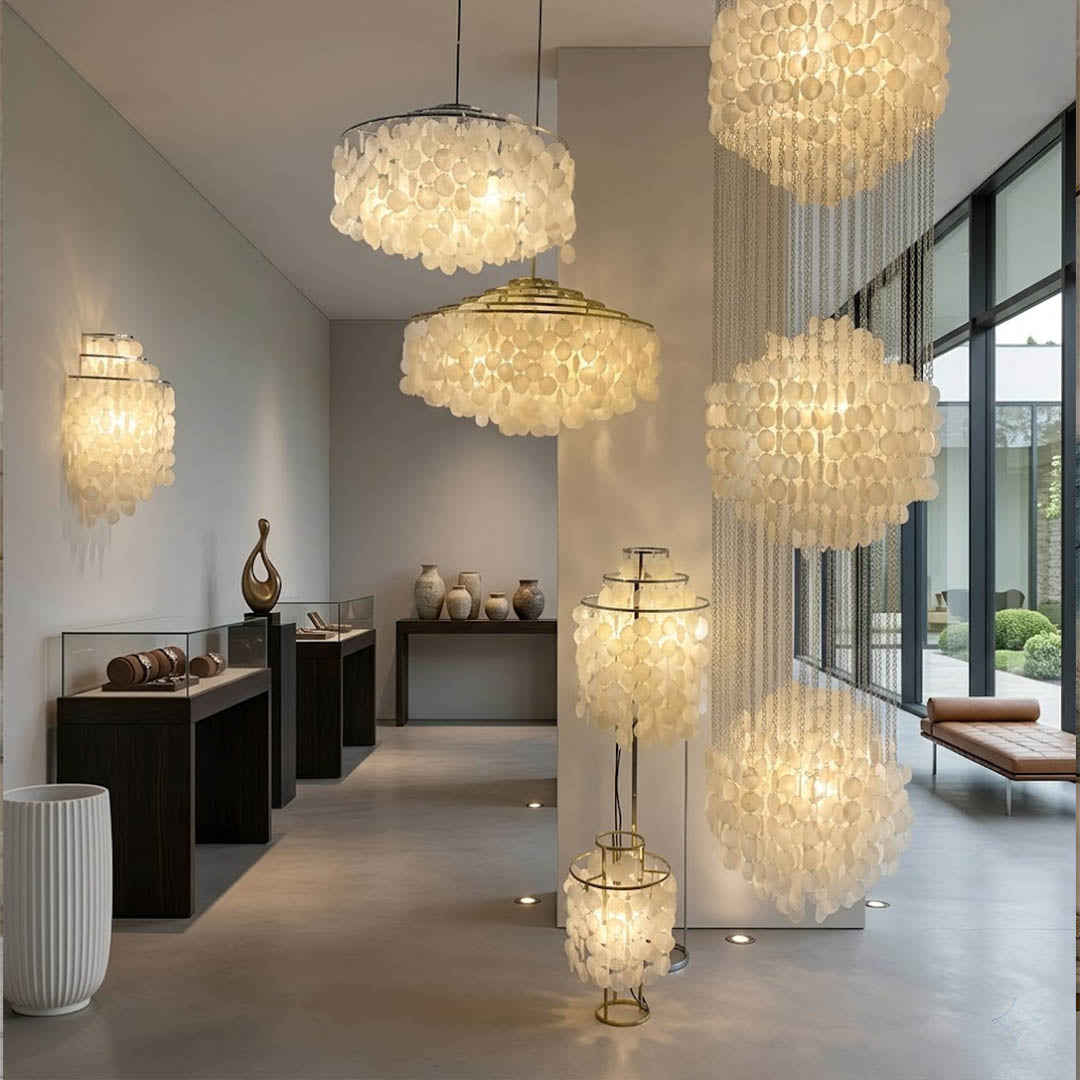 Coralia Coraline Marina Serena Sirena Aurelia Laguna Capiz shell family seven members complete collection grand chandelier pendant floor lamp staircase Coastal Mid Century cross sell