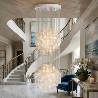 Coralia 5DM FUN tall style staircase shell chandelier two story foyer staircase junction coastal mansion oceanfront Mid Century designer warm glow lifestyle interior