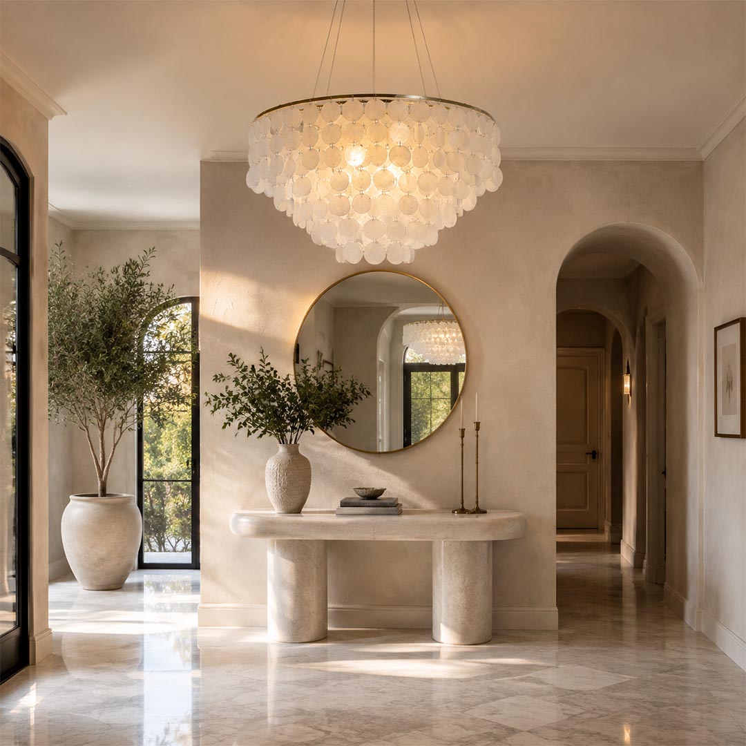 Elegantly lit Coraline capiz shell wind chime chandelier hanging in a luxury entryway hallway