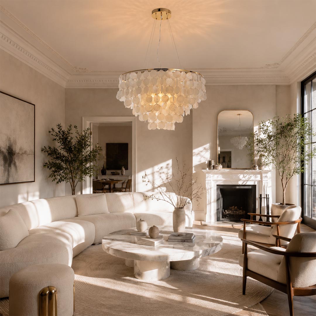Coraline capiz shell wind chime chandelier glowing warmly in a modern luxury living room with fireplace