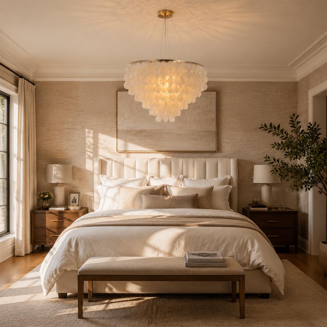 Coraline capiz shell wind chime chandelier adding soft ambient lighting above a king size bed