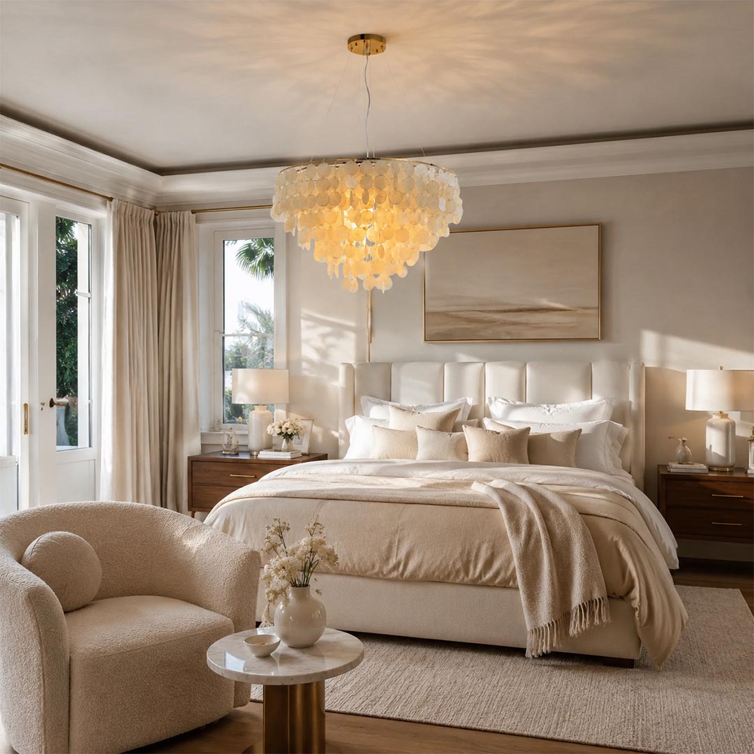 Natural seashell pendant lighting from the Coraline capiz shell wind chime chandelier in a peaceful bedroom