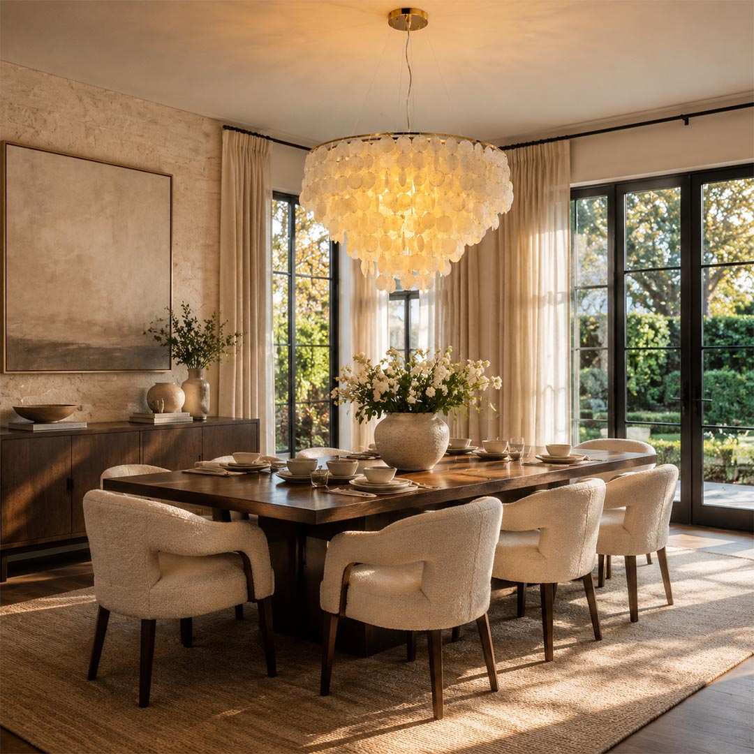 Illuminated Coraline capiz shell wind chime chandelier over a dark wood dining table facing large windows
