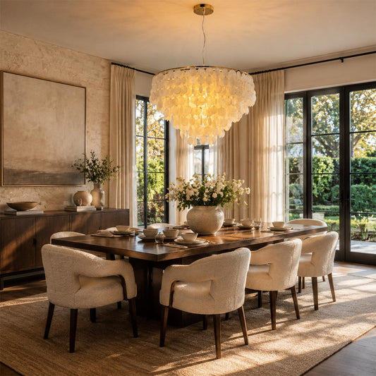 Illuminated Coraline capiz shell wind chime chandelier over a dark wood dining table facing large windows