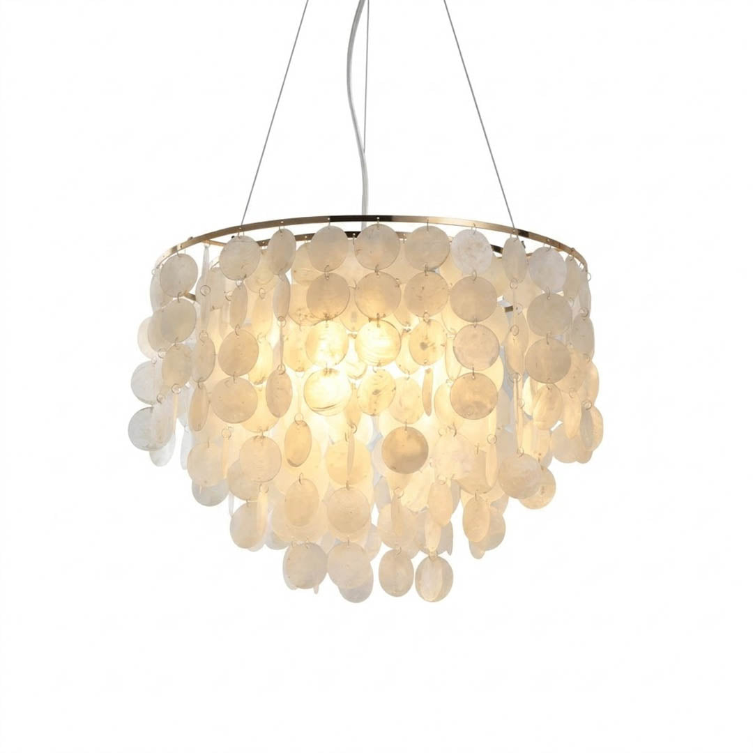 Coraline Capiz shell wind chime chandelier 20 inch small Coastal Boho beach house natural shells gold frame white background