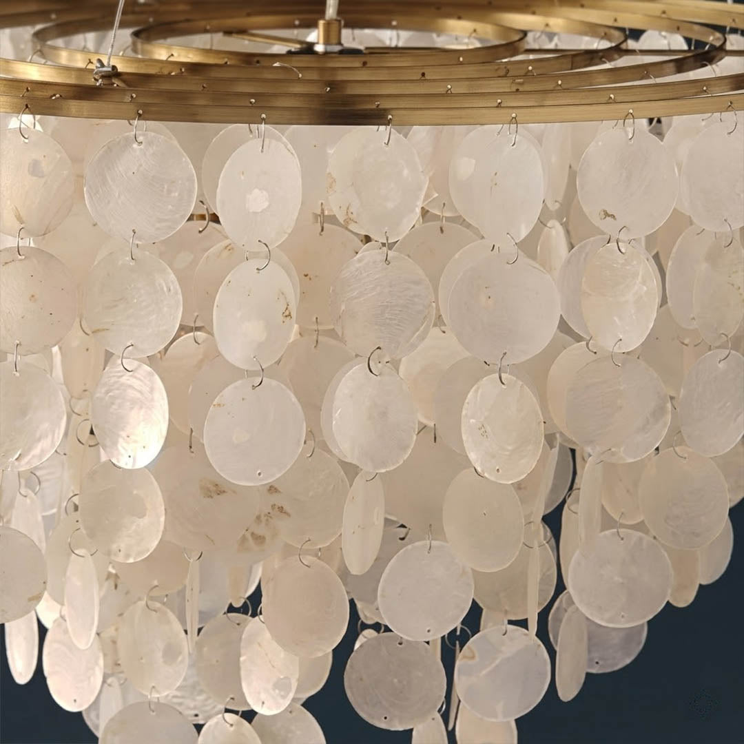 Coraline Capiz shell translucent natural pearl iridescent craftsmanship detail close up Coastal Boho beach house authentic