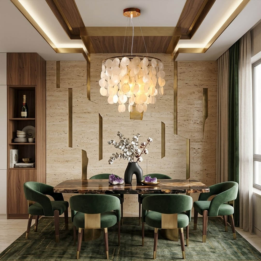 Coraline Capiz shell wind chime chandelier beach house dining room Coastal Hampton white wood interior warm glow natural lifestyle