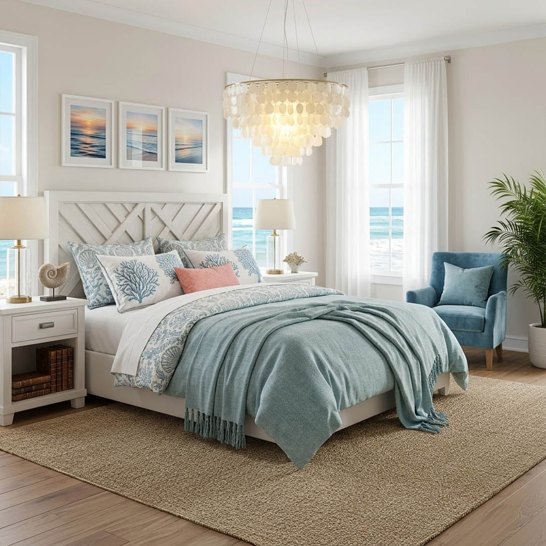 Coraline Capiz shell wind chime chandelier coastal primary bedroom romantic natural beach house warm soft glow lifestyle interior
