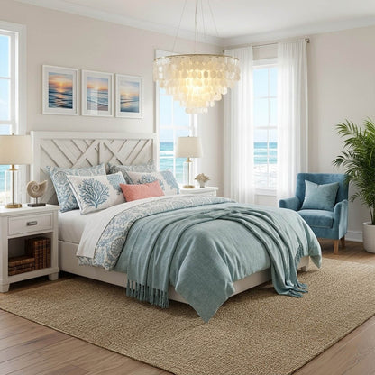 Coraline Capiz shell wind chime chandelier coastal primary bedroom romantic natural beach house warm soft glow lifestyle interior