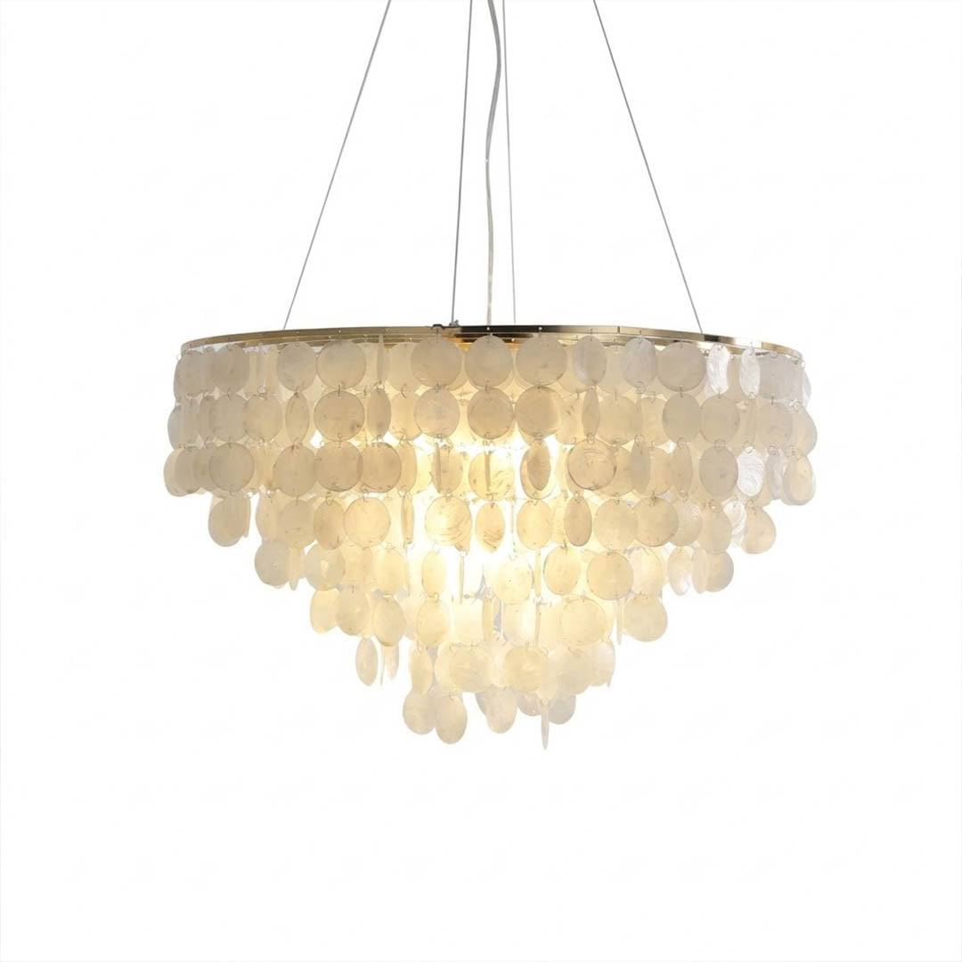 Coraline Capiz shell wind chime chandelier 32 inch large statement Coastal Boho beach house natural shells gold frame white background