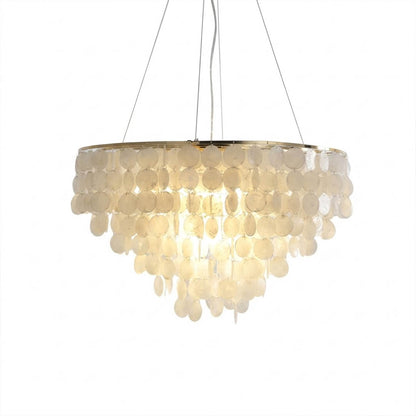 Coraline Capiz shell wind chime chandelier 32 inch large statement Coastal Boho beach house natural shells gold frame white background