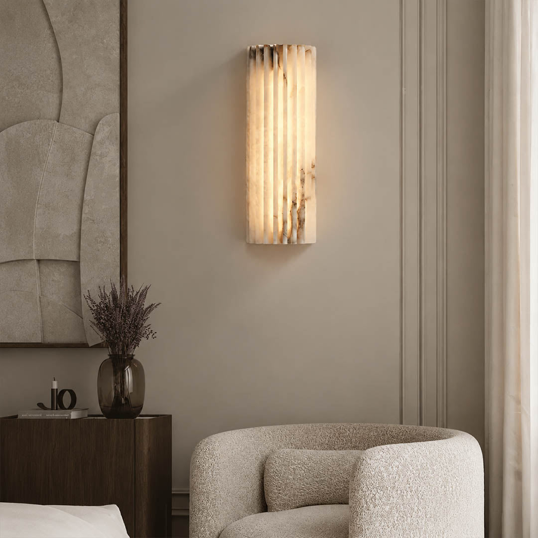 Costa ribbed alabaster wall light living room wall natural stone ribbed white statement quiet luxury American home lifestyle interior