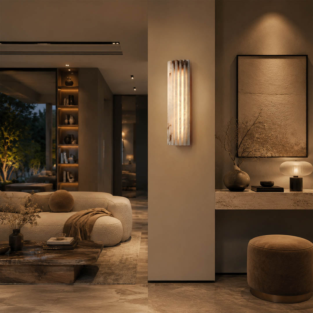 Costa ribbed alabaster wall light living room wall natural stone ribbed white statement quiet luxury American home lifestyle interior