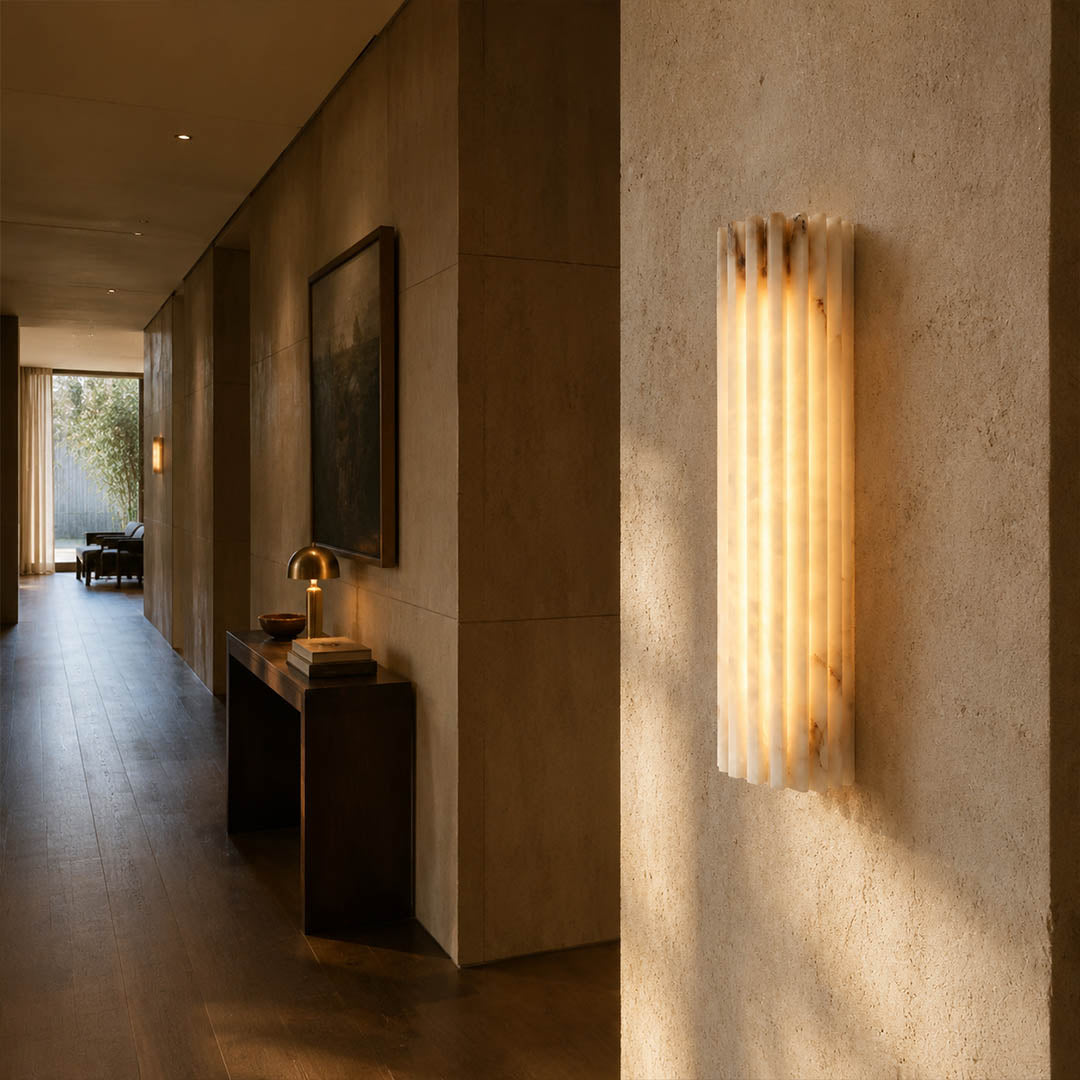 Costa ribbed alabaster wall light boutique hotel corridor natural stone ribbed white quiet luxury hospitality American commercial interior