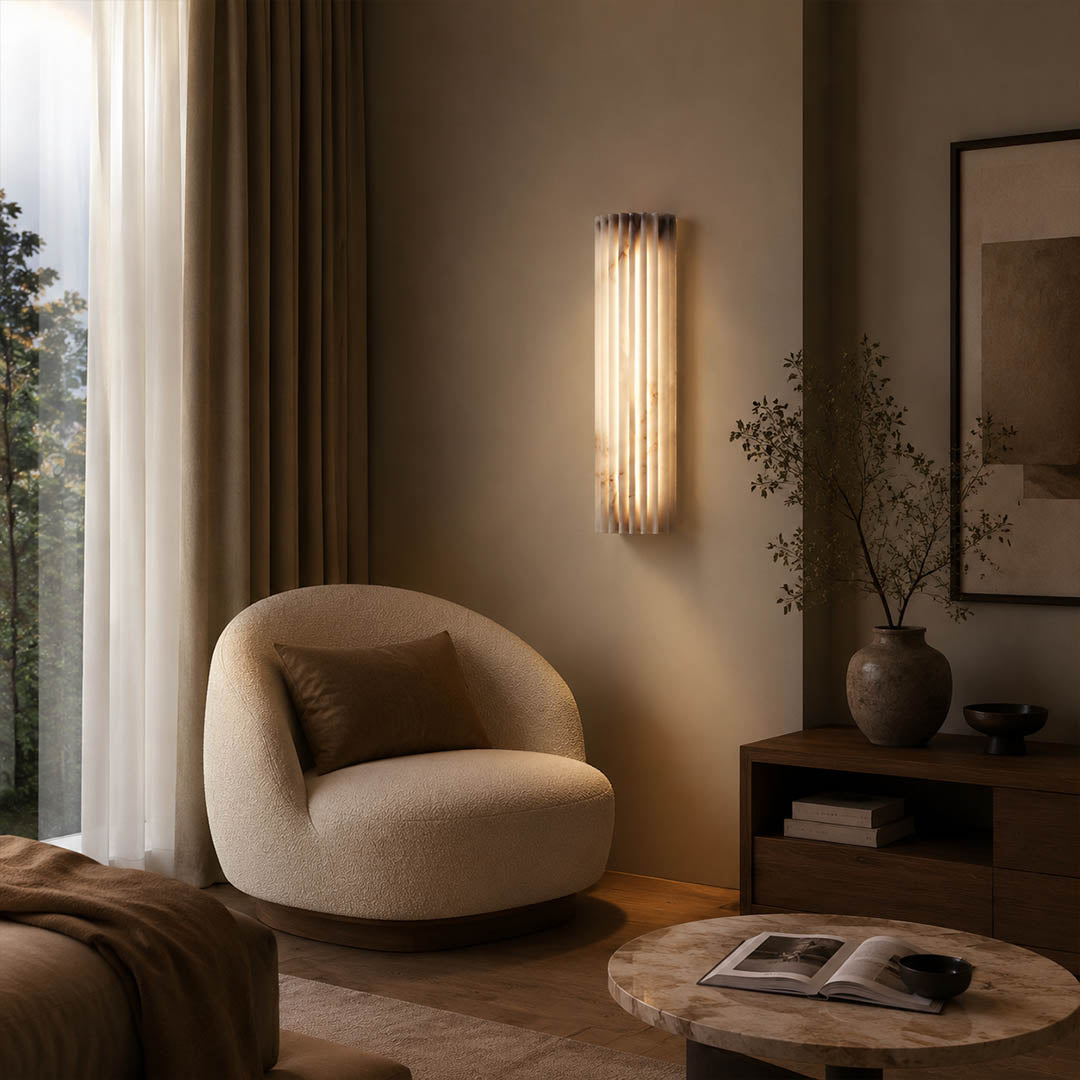 Costa ribbed alabaster wall light living room wall natural stone ribbed white statement quiet luxury American home lifestyle interior