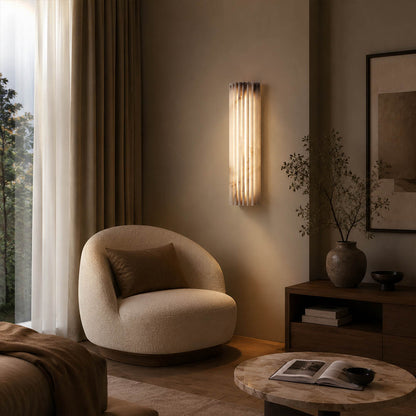 Costa ribbed alabaster wall light living room wall natural stone ribbed white statement quiet luxury American home lifestyle interior