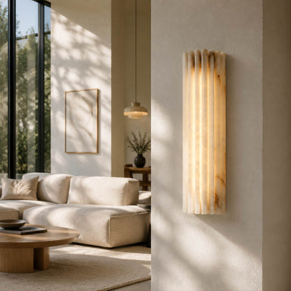 Costa ribbed alabaster wall light living room wall natural stone ribbed white statement quiet luxury American home lifestyle interior