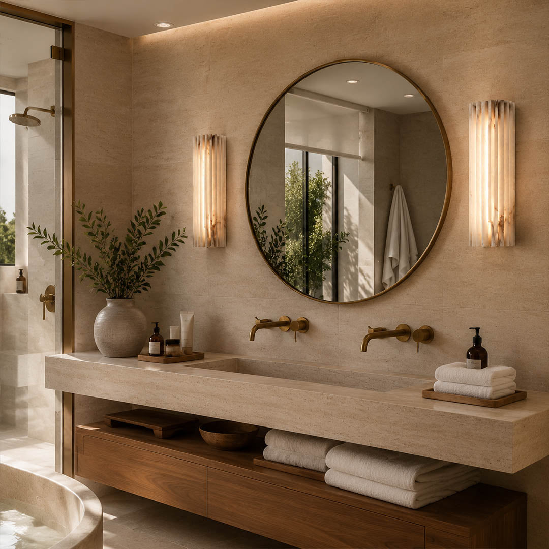 Costa ribbed alabaster wall light mirror vanity vertical natural stone ribbed white warm glow American home lifestyle interior styled