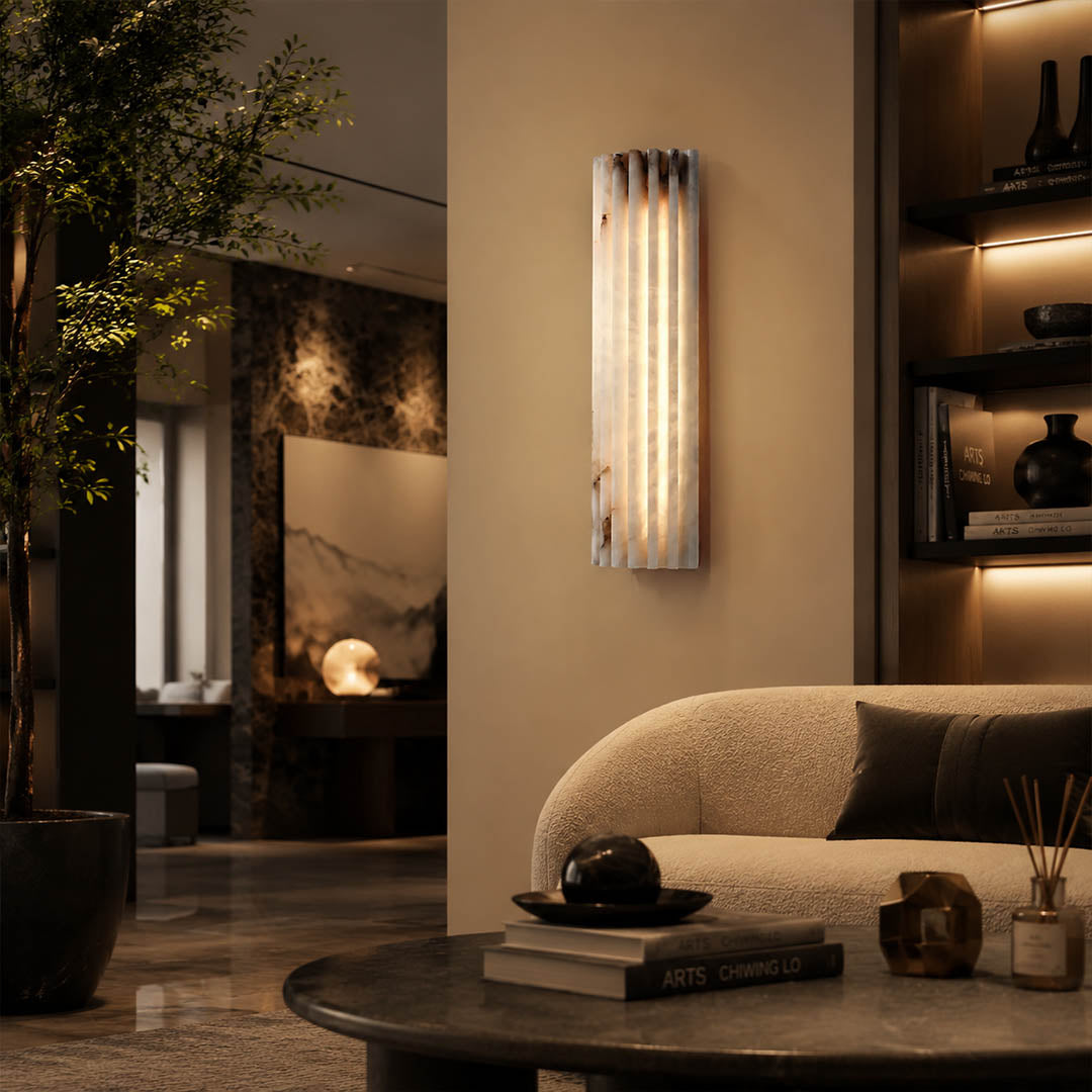 Costa ribbed alabaster wall light boutique hotel corridor natural stone ribbed white quiet luxury hospitality American commercial interior