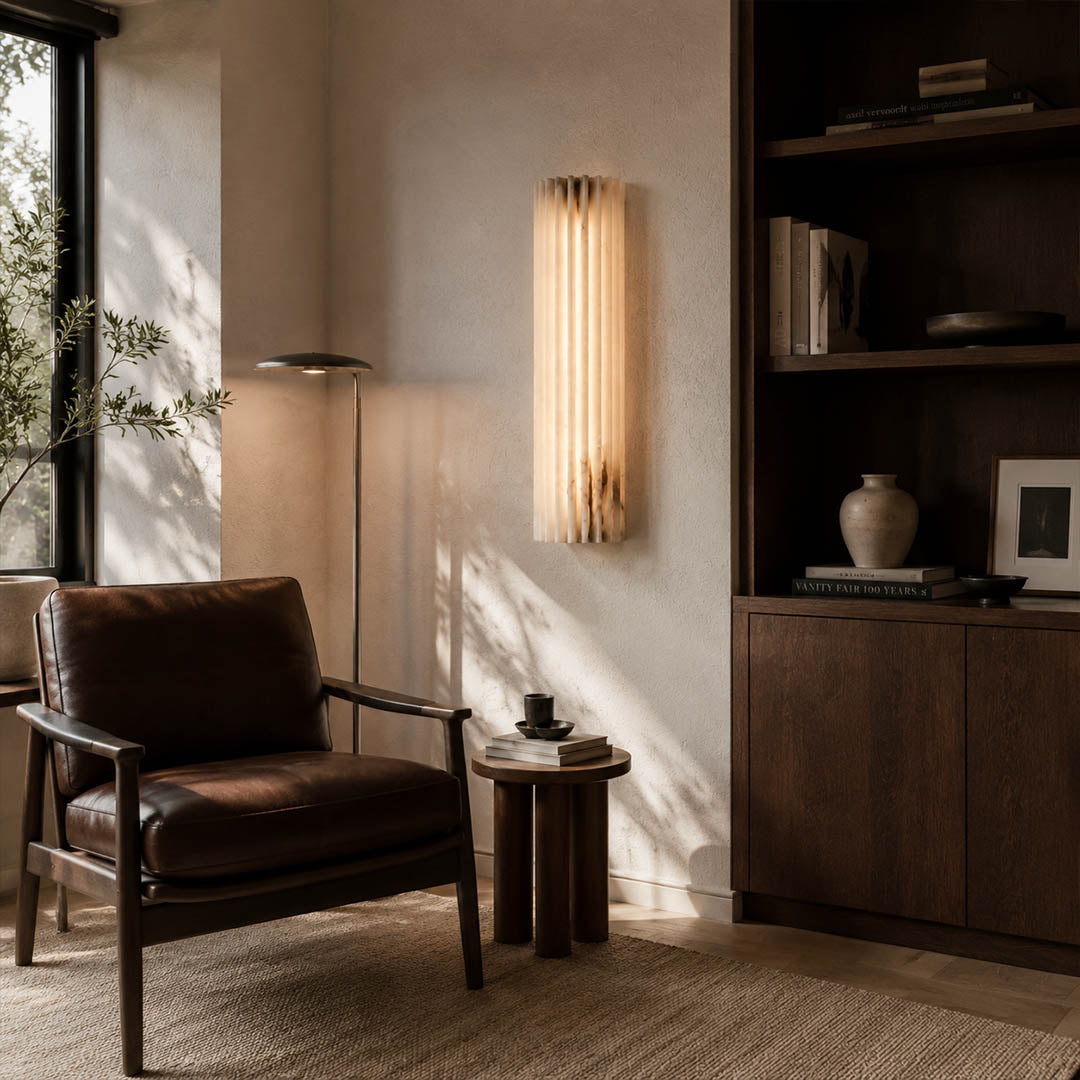Costa ribbed alabaster wall light living room wall natural stone ribbed white statement quiet luxury American home lifestyle interior