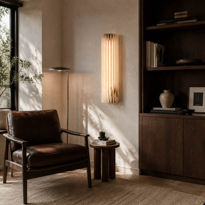 Costa ribbed alabaster wall light living room wall natural stone ribbed white statement quiet luxury American home lifestyle interior