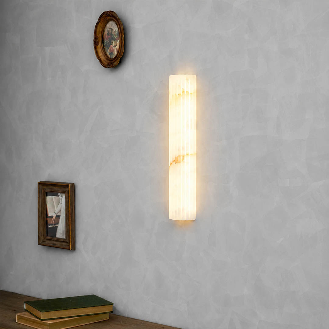 Costa ribbed alabaster wall light living room wall natural stone ribbed white statement quiet luxury American home lifestyle interior