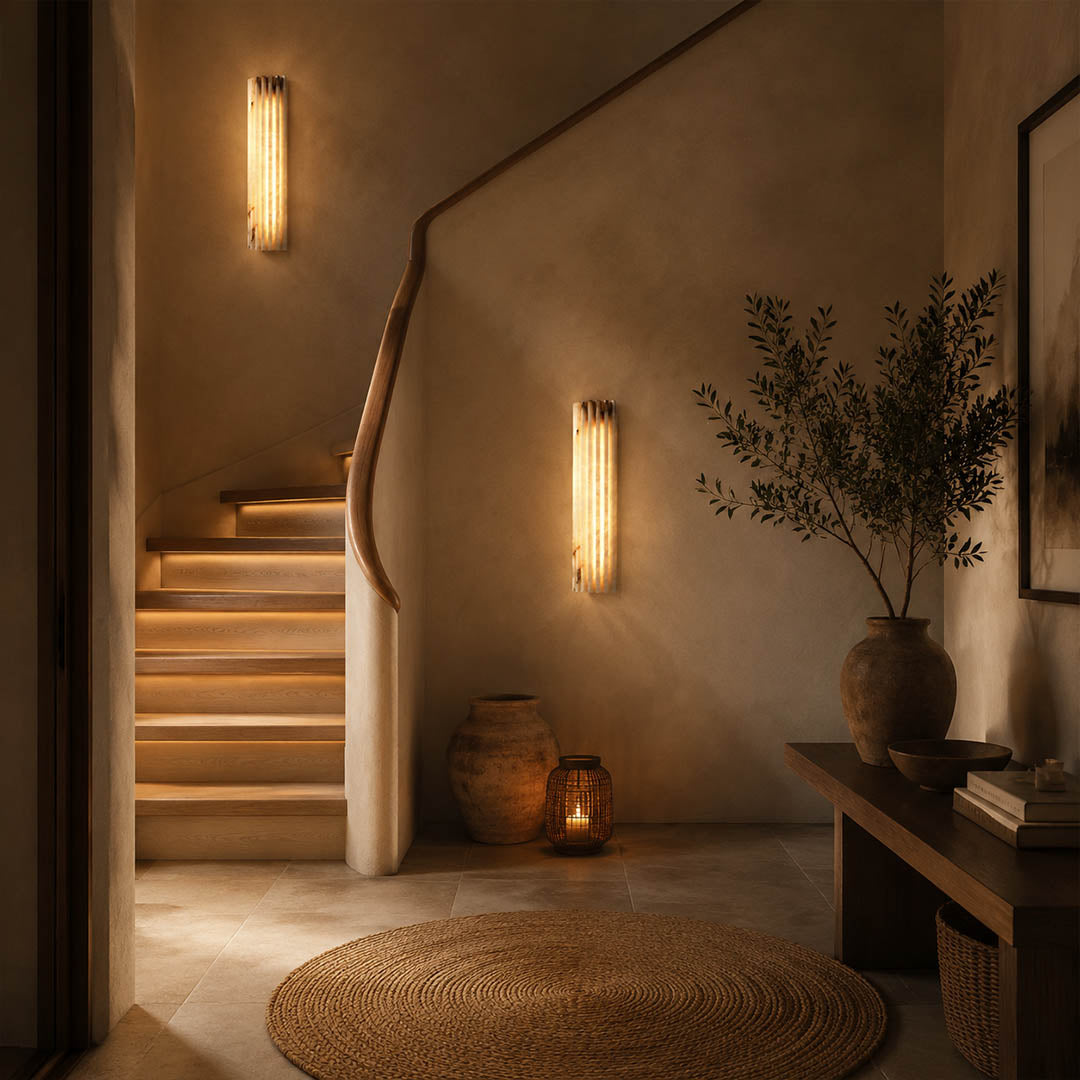 Costa ribbed alabaster wall light staircase stairwell wall tall natural stone ribbed white warm glow American home lifestyle interior