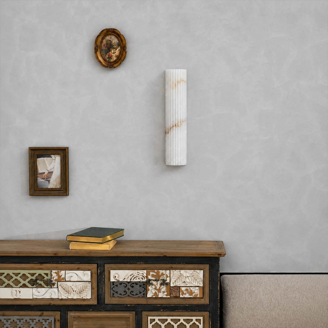 Costa ribbed alabaster wall light living room wall natural stone ribbed white statement quiet luxury American home lifestyle interior