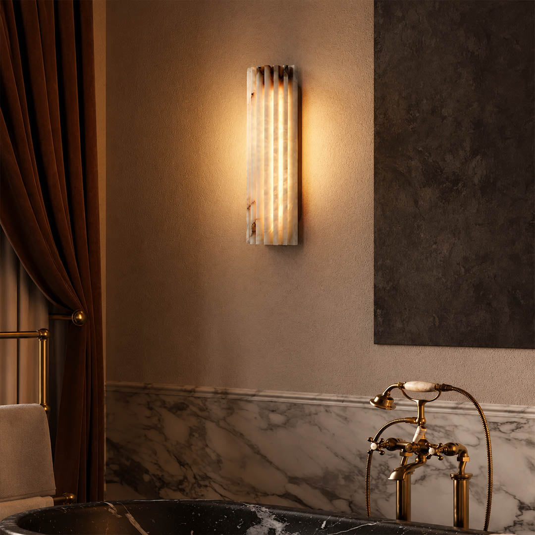 Costa ribbed alabaster wall light living room wall natural stone ribbed white statement quiet luxury American home lifestyle interior