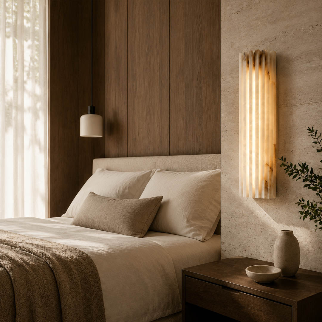 Costa ribbed alabaster wall light bedroom bedside natural stone ribbed white warm glow quiet luxury American home lifestyle interior