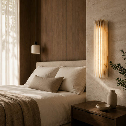 Costa ribbed alabaster wall light bedroom bedside natural stone ribbed white warm glow quiet luxury American home lifestyle interior