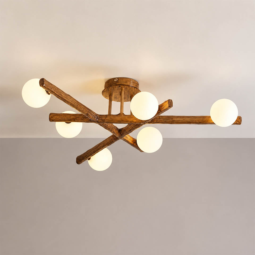 Costella ceiling light brown white six light cluster semi flush mount modern art deco low profile white background front view