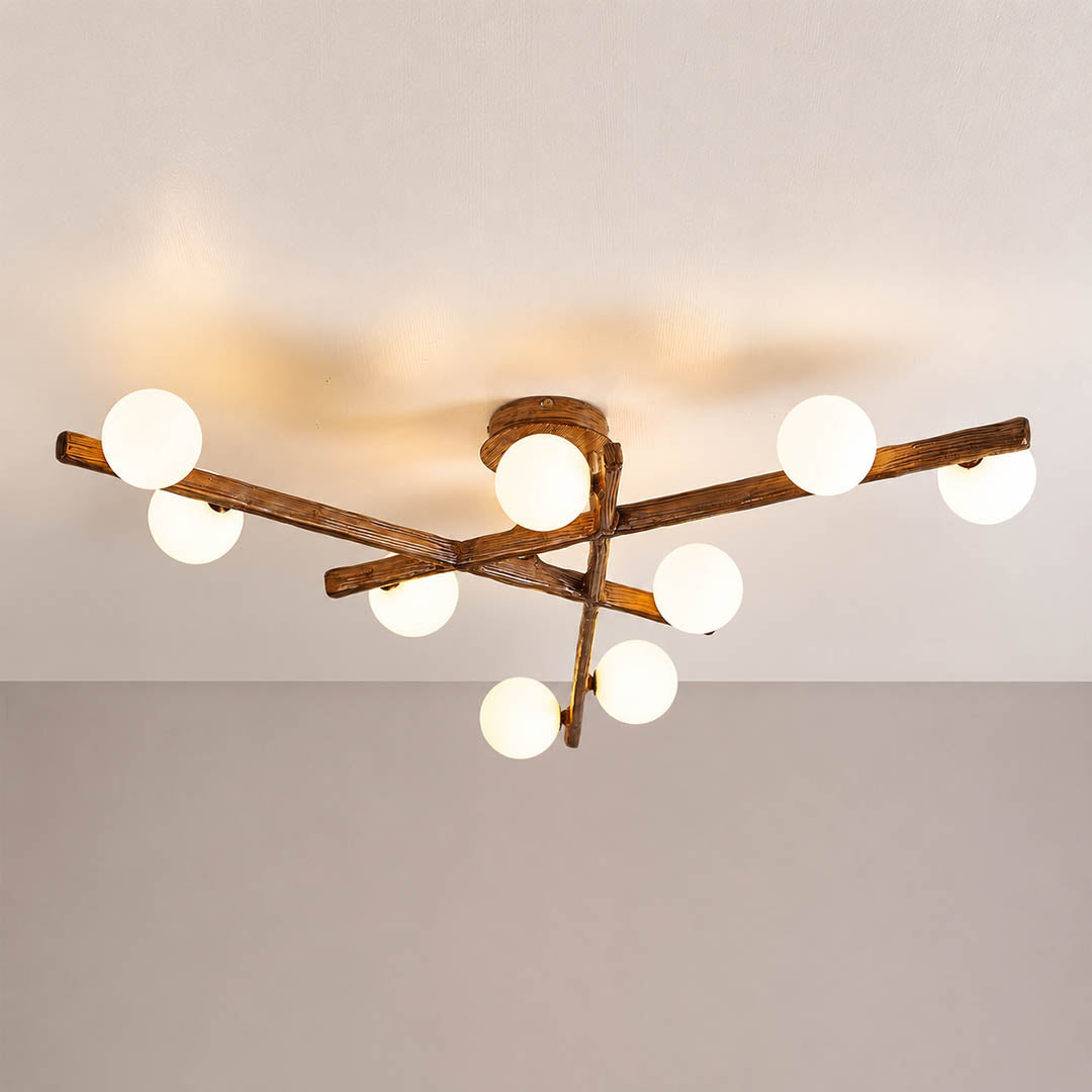 Costella ceiling light brown white nine light cluster semi flush mount modern art deco low profile white background front view