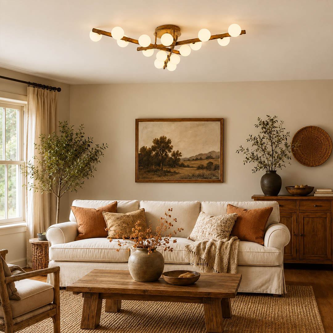 Costella ceiling light living room low ceiling semi flush brown white multi light warm art deco modern American home lifestyle interior