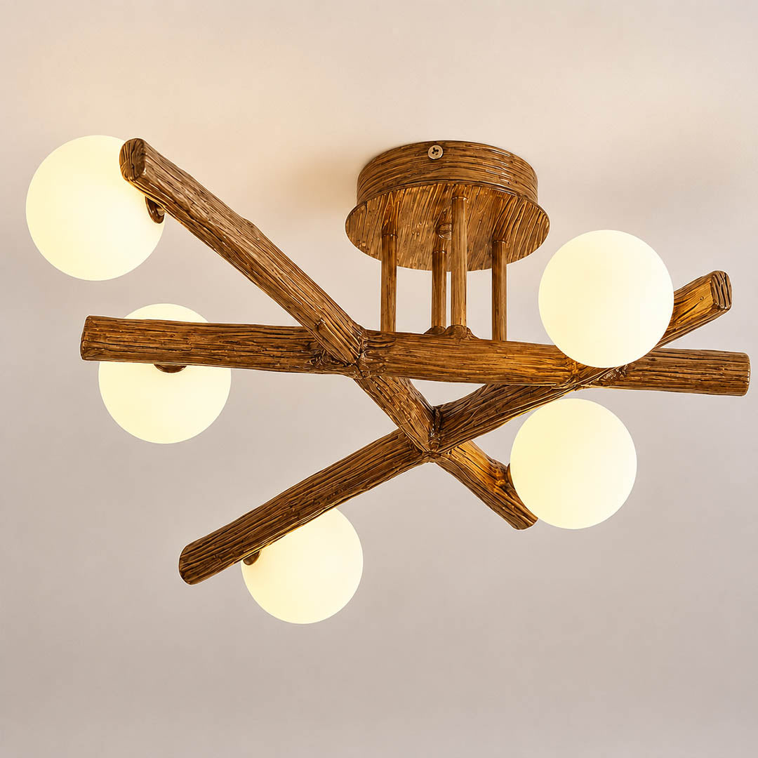 Costella ceiling light brown white six light cluster semi flush mount modern art deco low profile white background front view