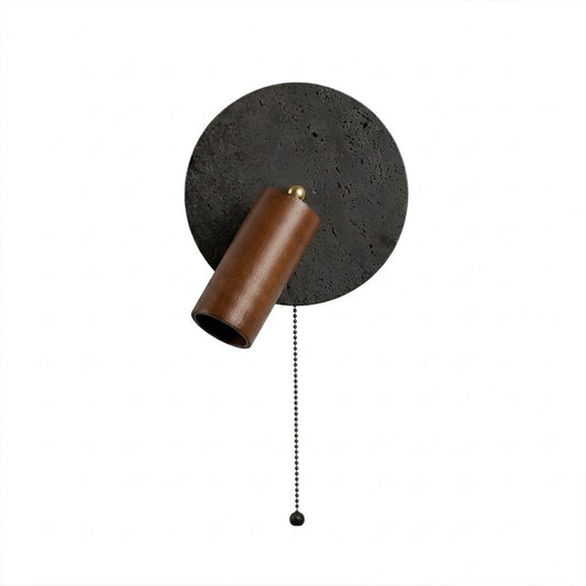 Cove wall sconce black travertine stone base walnut wood housing pendant chain white background