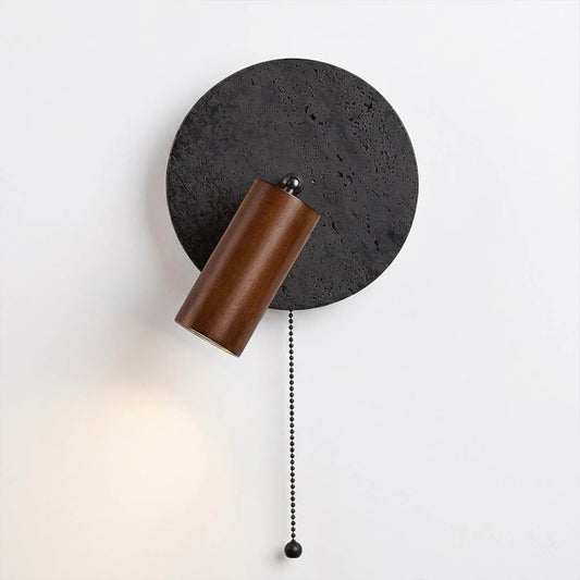 Cove wall sconce black travertine stone base walnut wood housing pendant chain white background