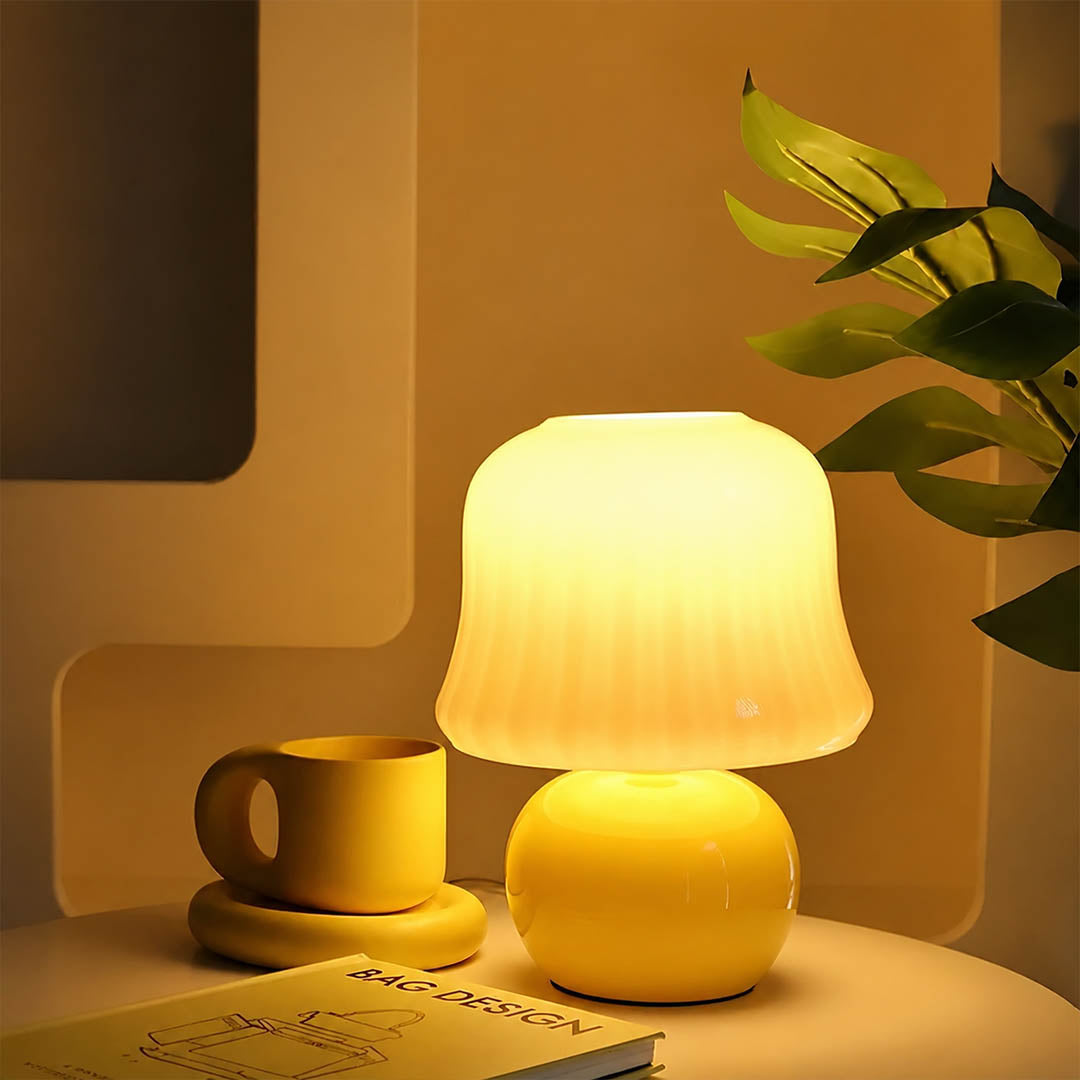 Crema mushroom table lamp illuminated evening French cream soft warm glowing mushroom cozy American home lifestyle interior