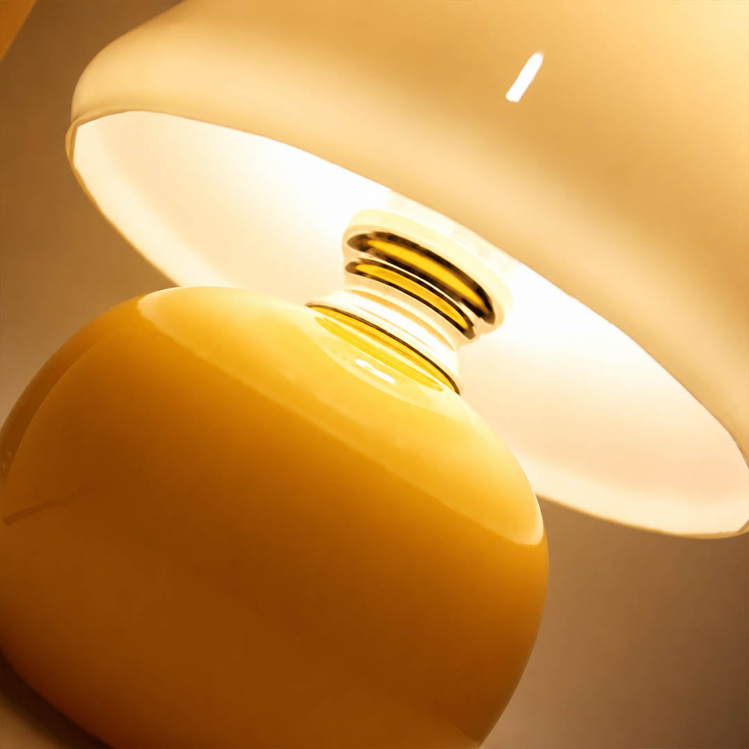 Crema mushroom table lamp cream enamel glass mushroom cap smooth finish detail close up cute craftsmanship