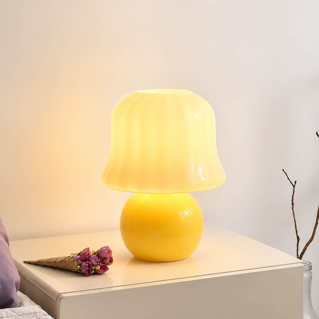 Crema mushroom table lamp enamel glass shade cream glossy smooth surface detail close up