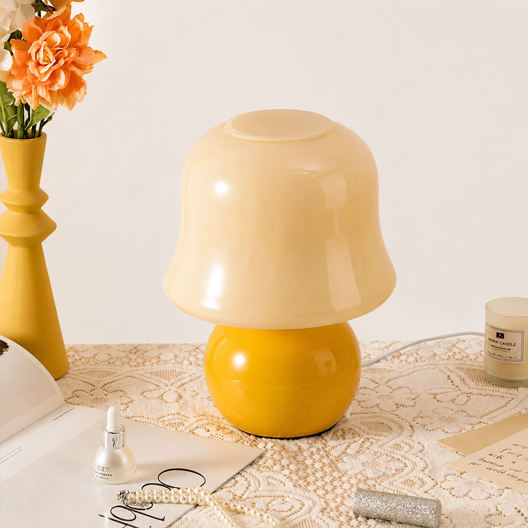 Crema mushroom table lamp desk shelf accent soft warm glow cream mushroom cute petite American home lifestyle interior styled