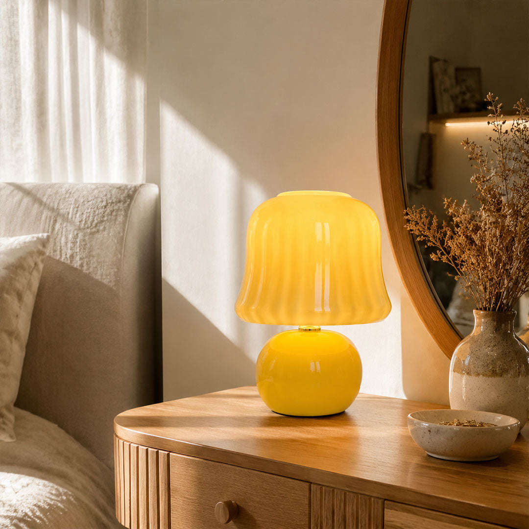 Crema mushroom table lamp bedroom nightstand bedside soft warm glow cream mushroom cute cozy American home lifestyle interior styled