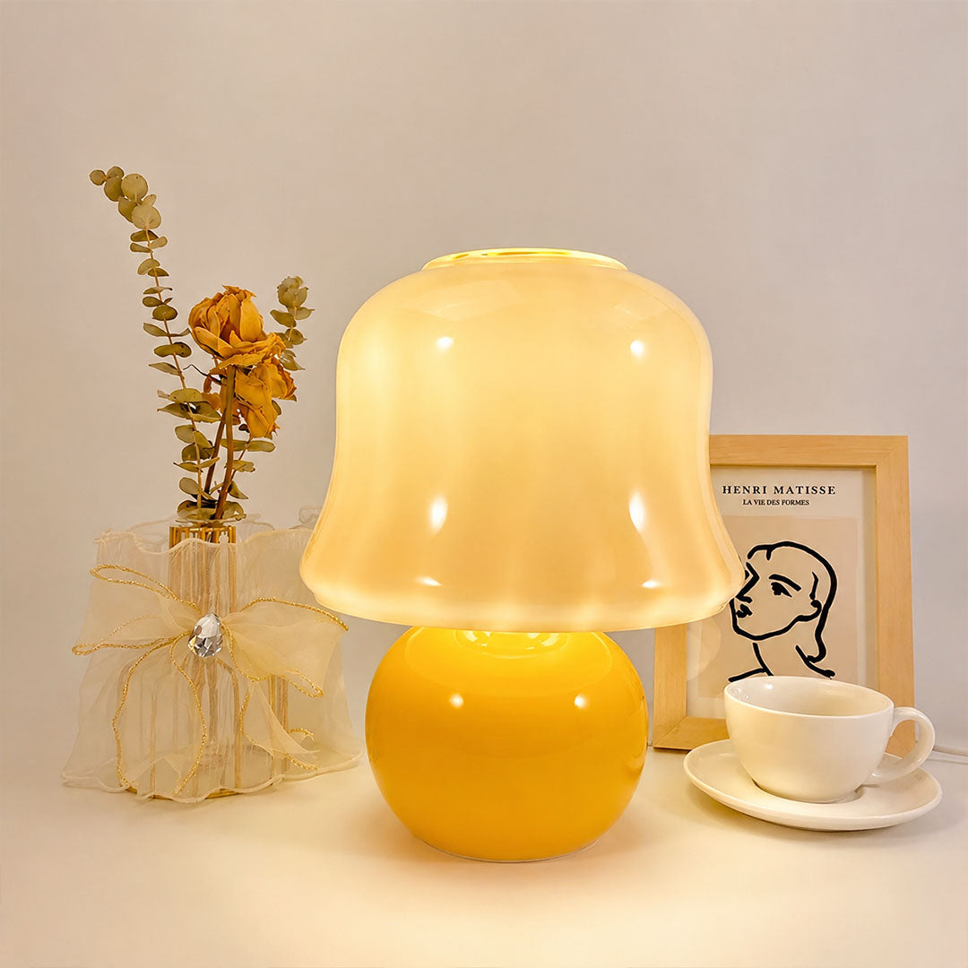 Crema mushroom table lamp desk shelf accent soft warm glow cream mushroom cute petite American home lifestyle interior styled