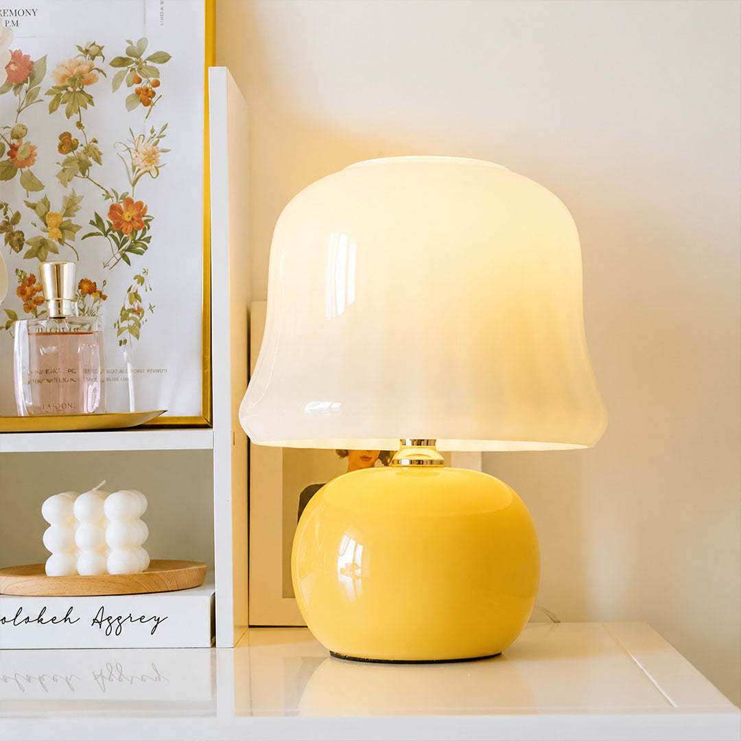 Crema mushroom table lamp vanity dresser soft warm glow cream mushroom cute elegant American home lifestyle interior styled