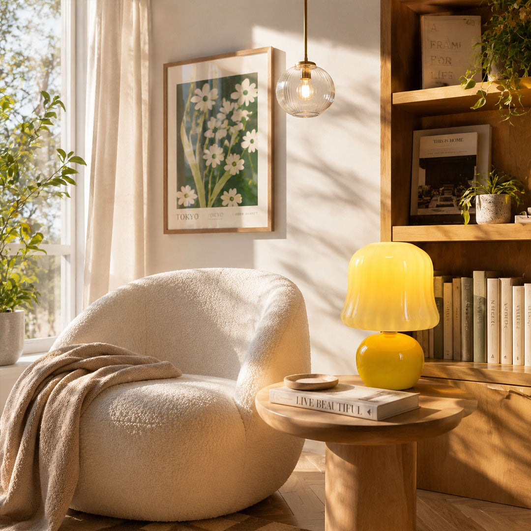 Crema mushroom table lamp desk shelf accent soft warm glow cream mushroom cute petite American home lifestyle interior styled