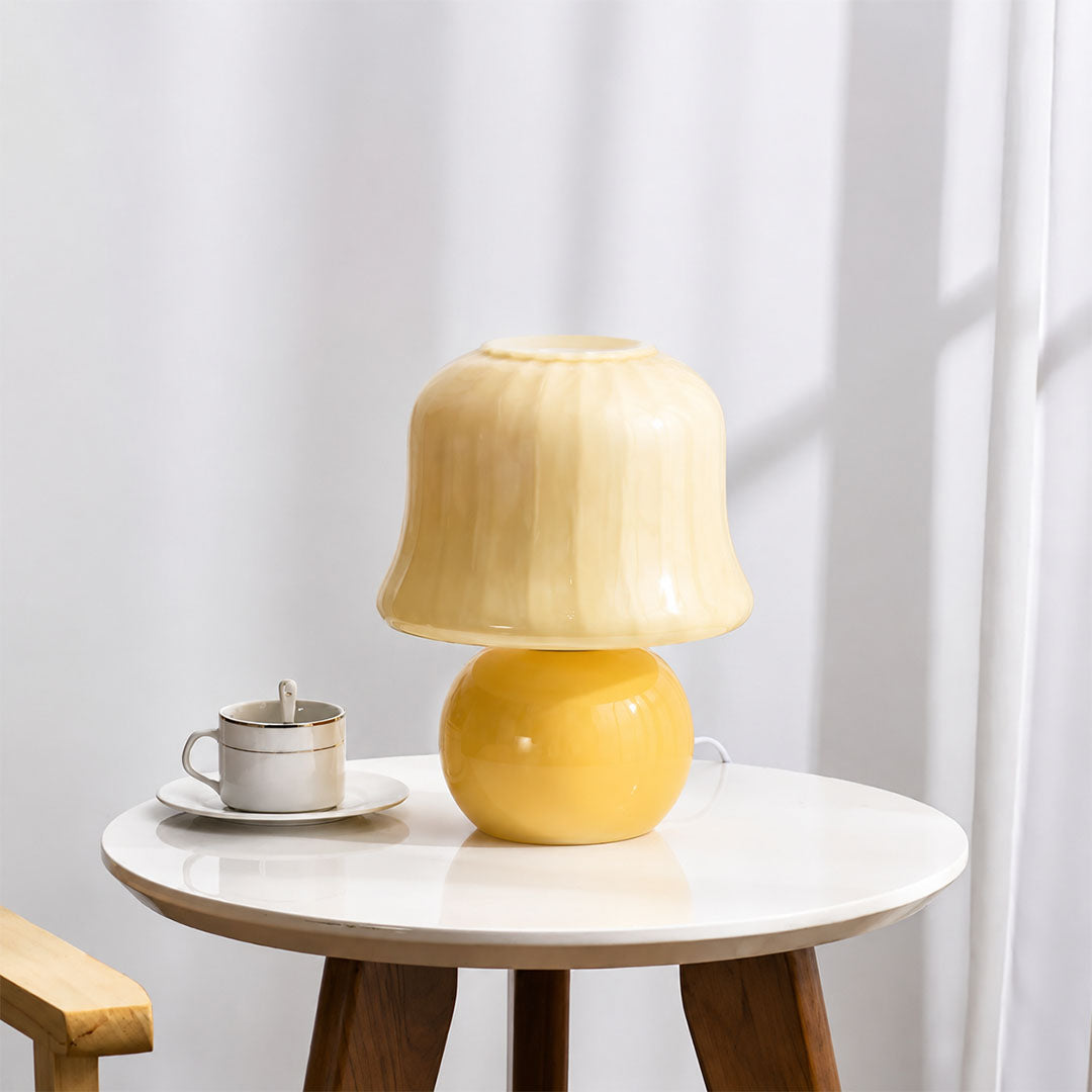 Crema mushroom table lamp enamel glass shade cream glossy smooth surface detail close up