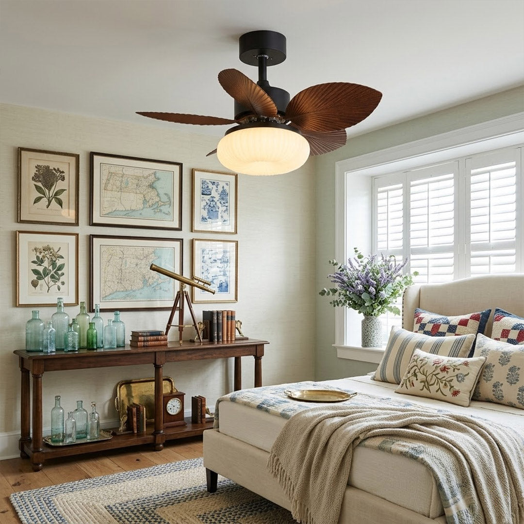 Crème French ceiling fan in bedroom 30 inch creamy ivory quiet operation cozy interior