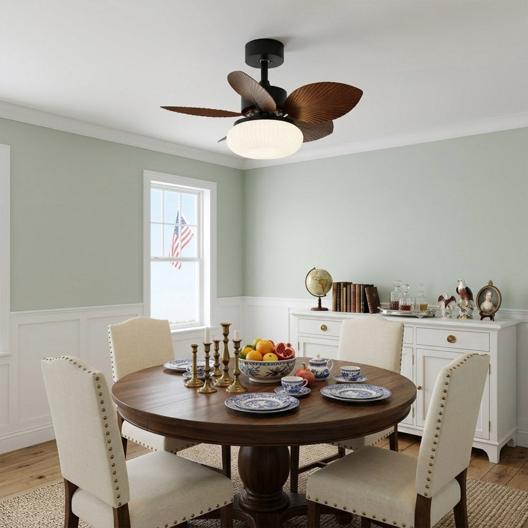 Crème French ceiling fan with light above dining table warm cream ivory finish elegant interior